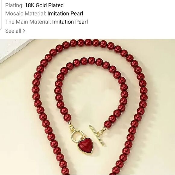 Red imitation pearl set with heart charm - Picture 5 of 10